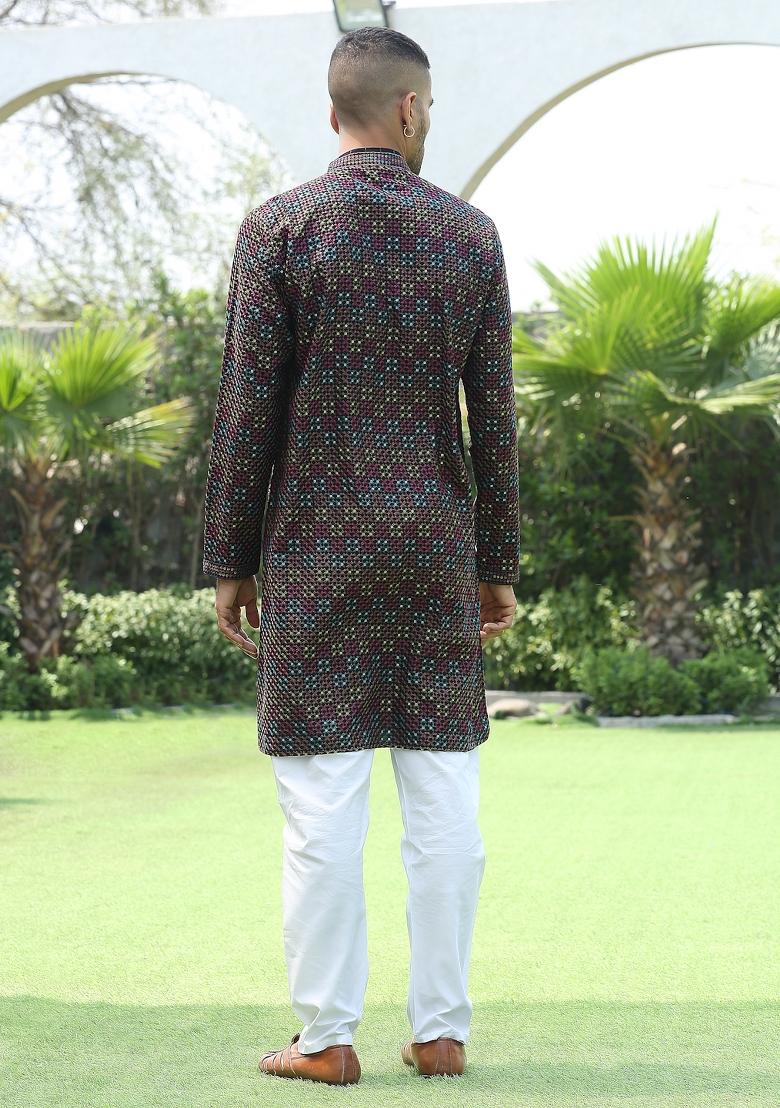 Black Sequin Work Cotton Kurta For Men - Indya
