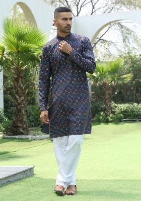 Blue Sequin Work Cotton Kurta For Men