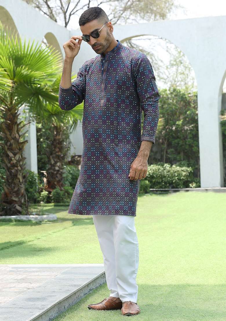 Blue Sequin Work Cotton Kurta For Men - Indya