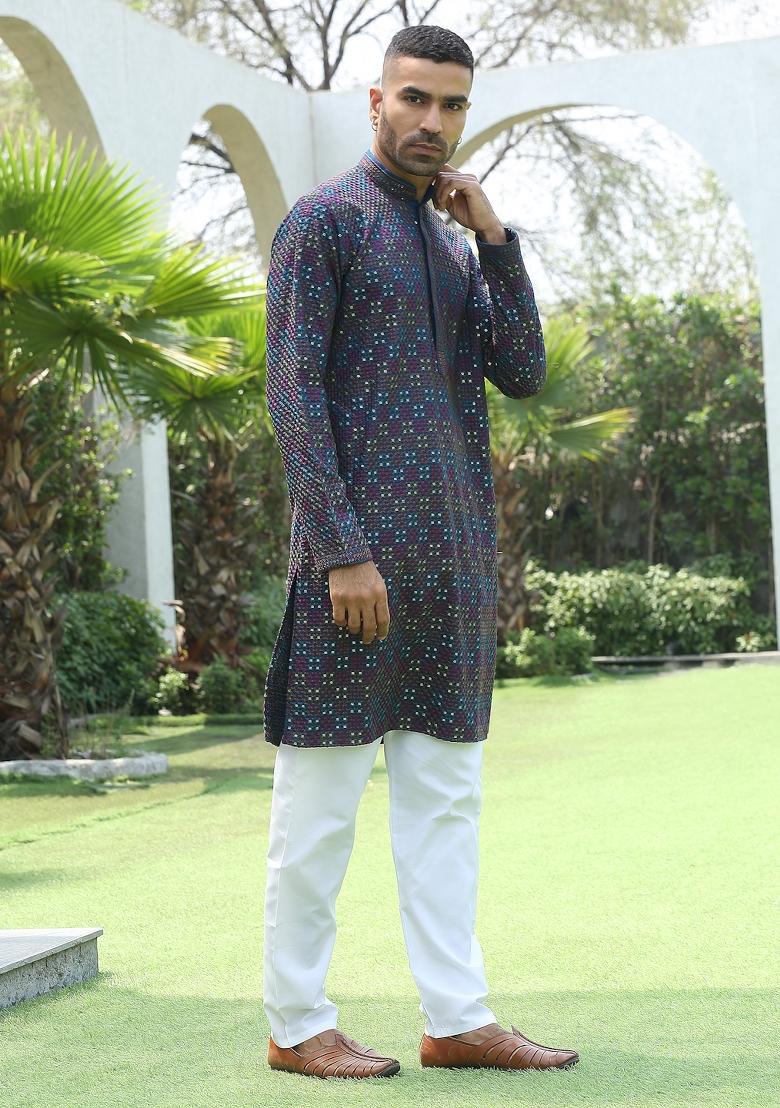 Blue Sequin Work Cotton Kurta For Men - Indya