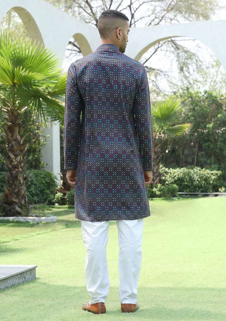 Blue Sequin Work Cotton Kurta For Men - Indya