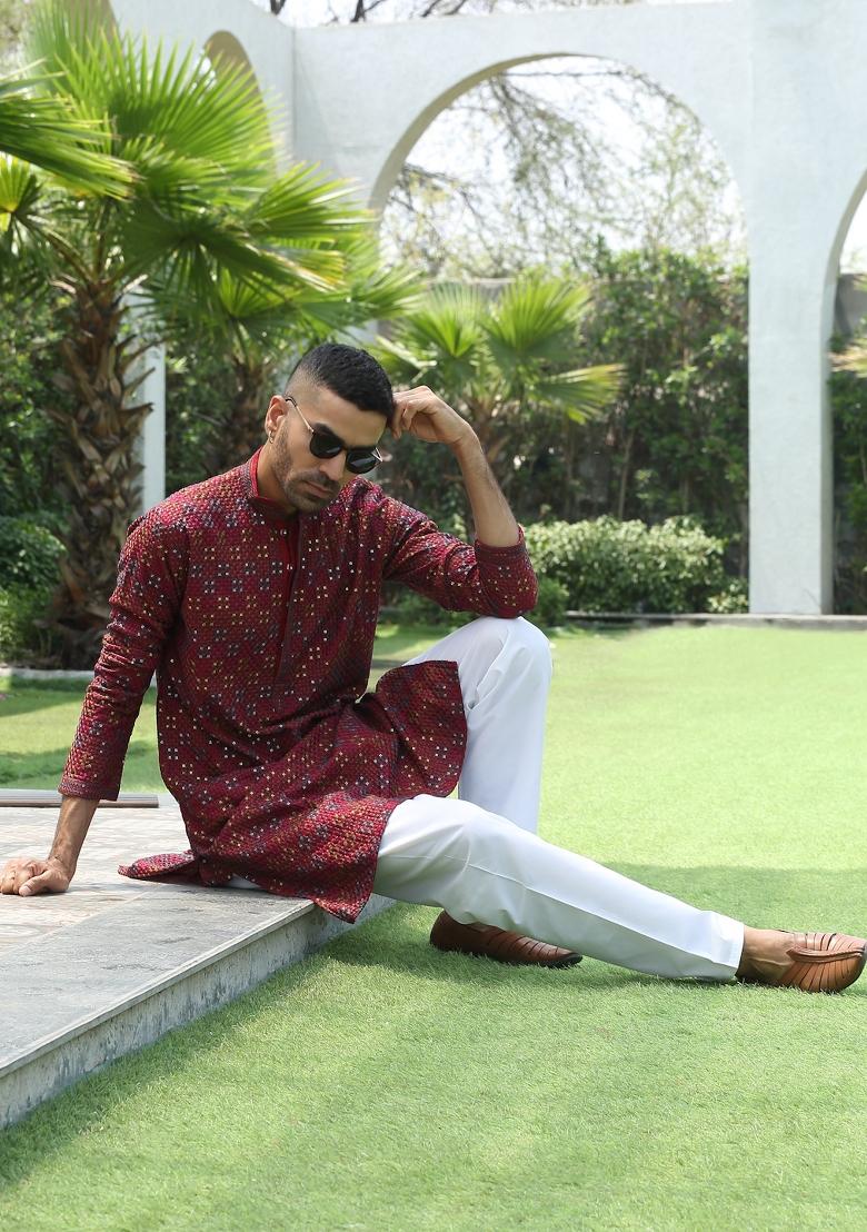 Maroon Sequin Work Cotton Kurta For Men - Indya
