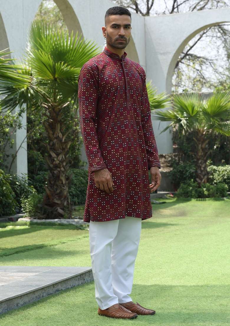 Maroon Sequin Work Cotton Kurta For Men - Indya