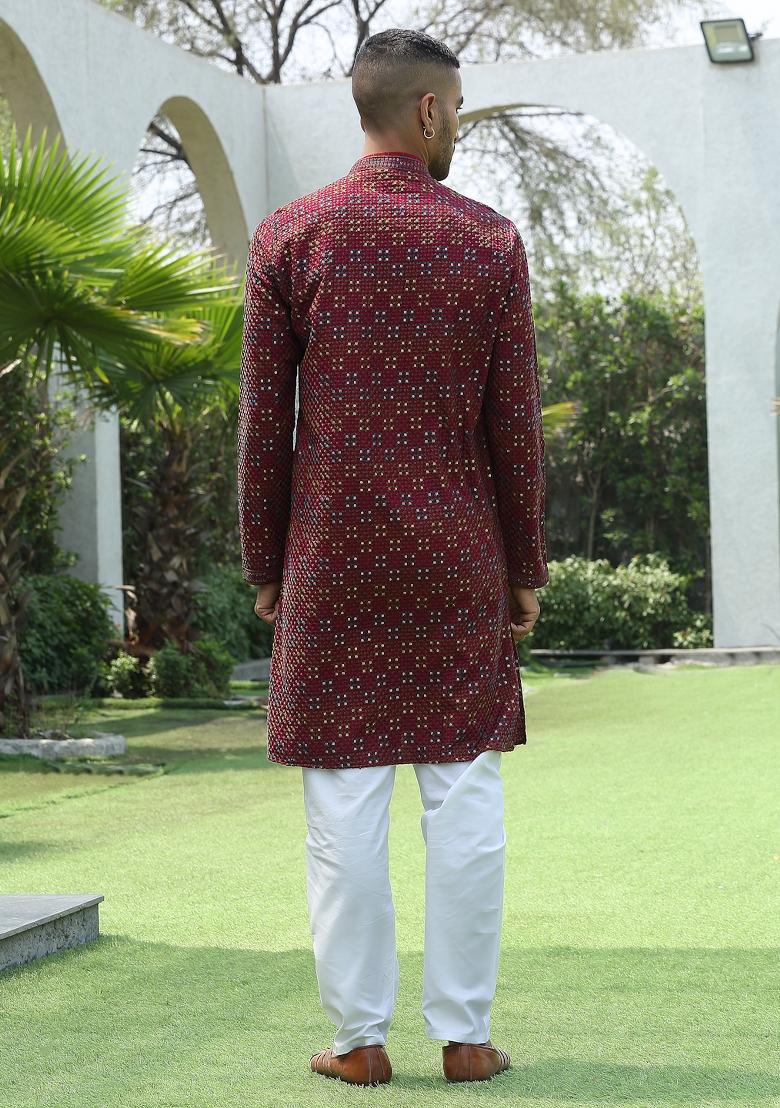 Maroon Sequin Work Cotton Kurta For Men - Indya