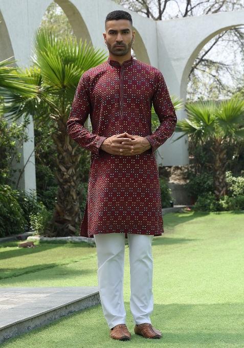 Maroon Sequin Work Cotton Kurta For Men