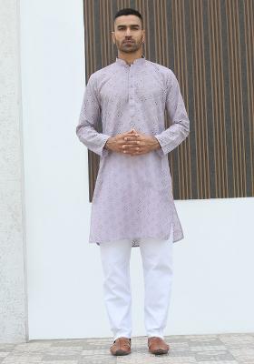 Mauve Geometric Print Cotton Kurta For Men
