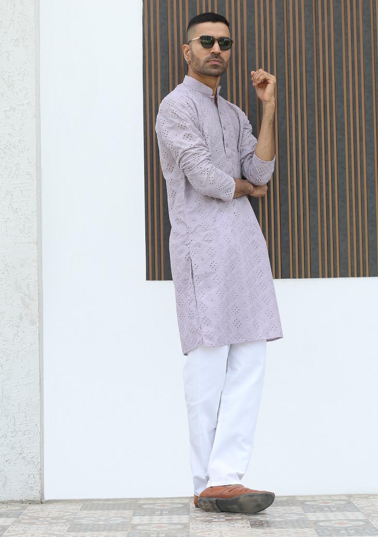 Mauve Geometric Print Cotton Kurta For Men - Indya