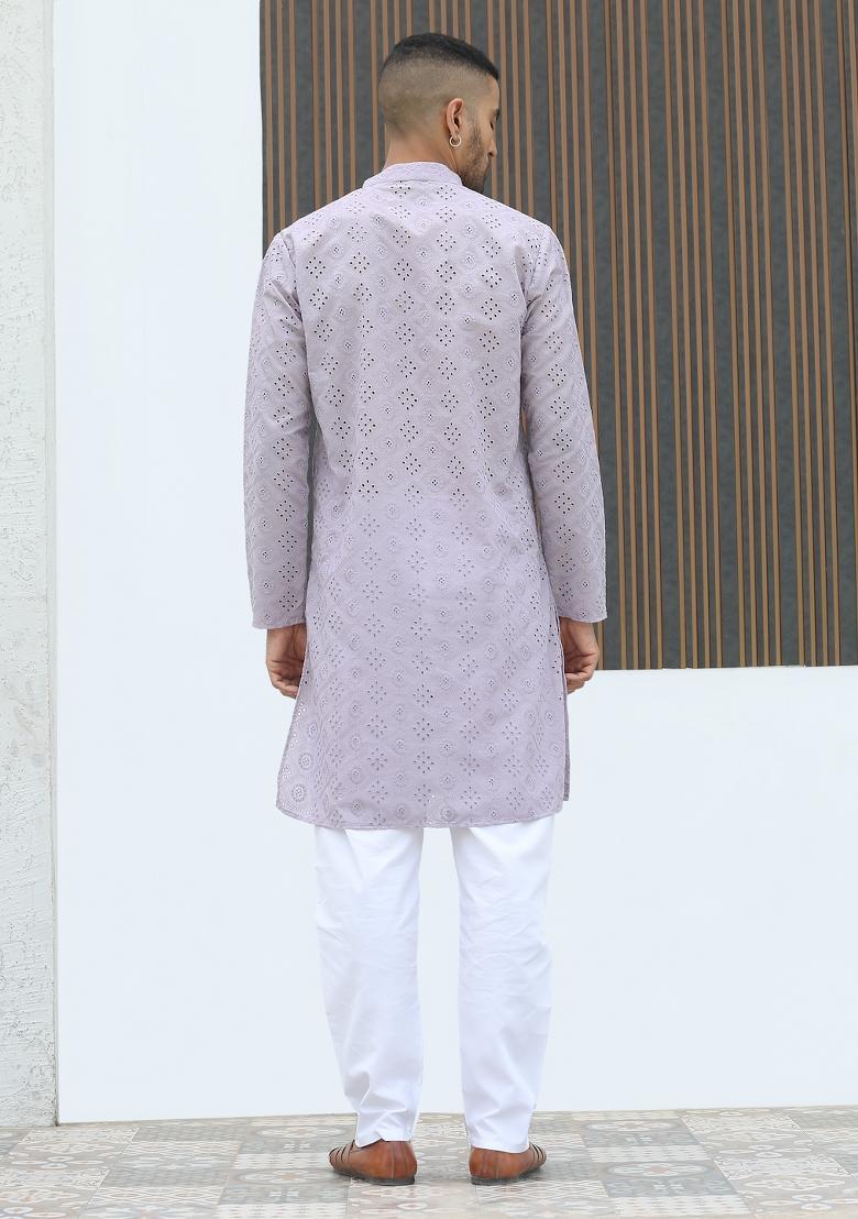 Mauve Geometric Print Cotton Kurta For Men - Indya