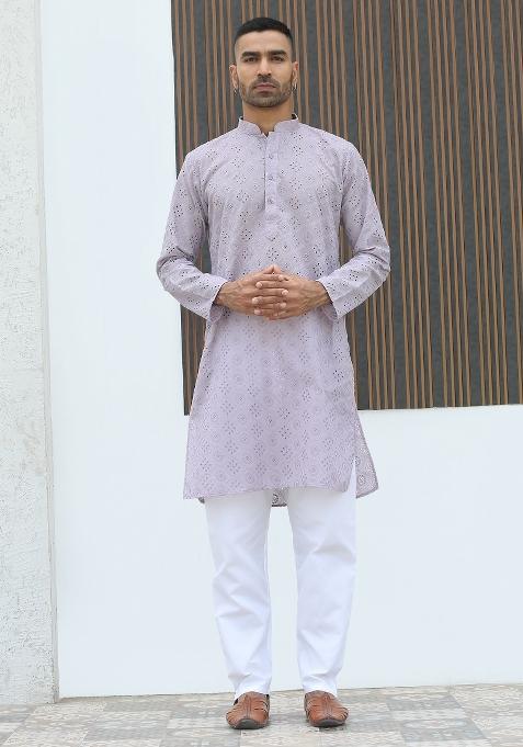 Mauve Geometric Print Cotton Kurta For Men