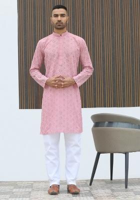 Pink Geometric Print Cotton Kurta For Men