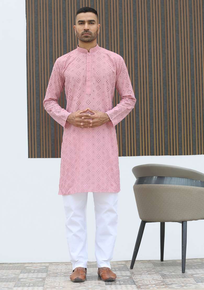 Pink Geometric Print Cotton Kurta For Men - Indya