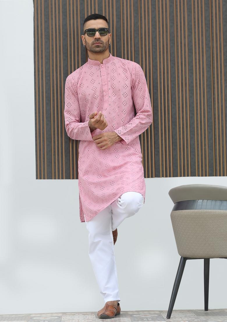 Pink Geometric Print Cotton Kurta For Men - Indya