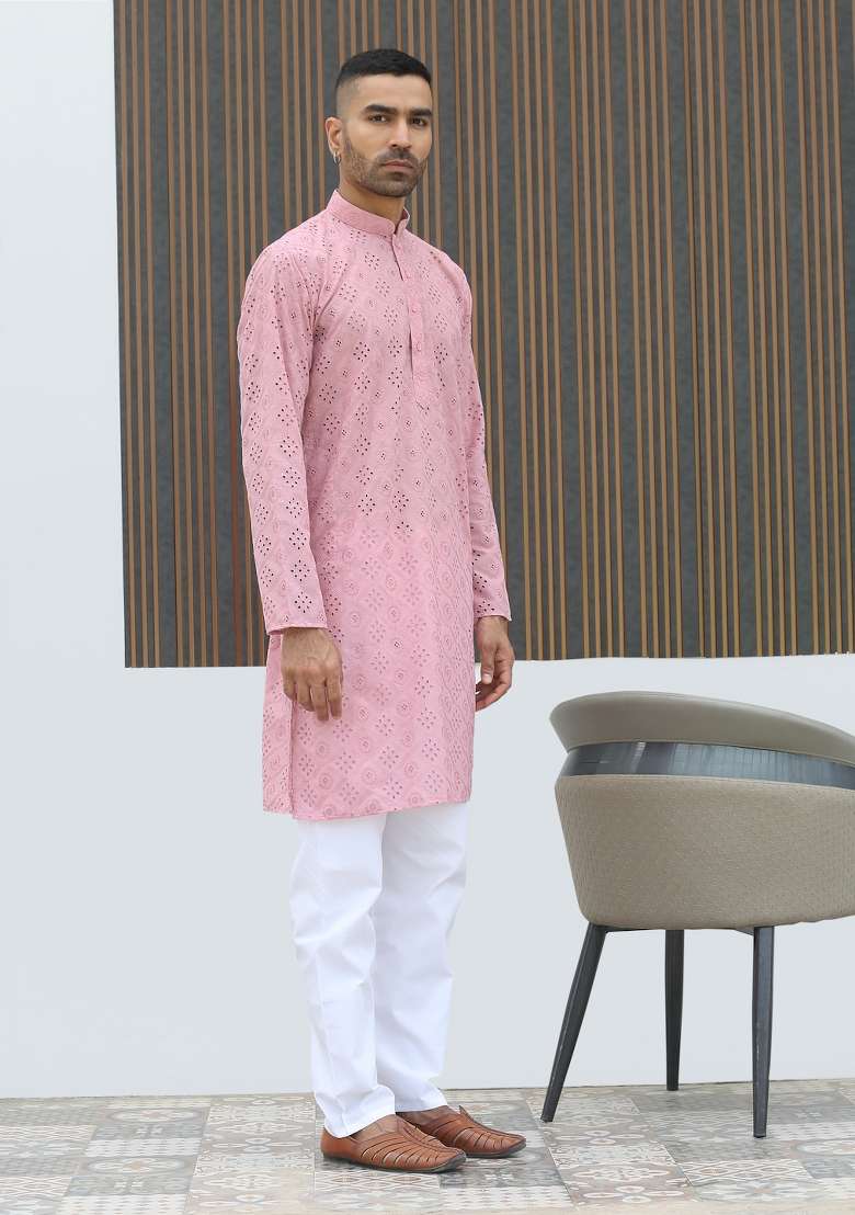 Pink Geometric Print Cotton Kurta For Men - Indya
