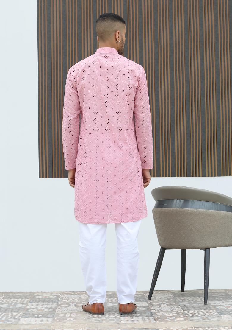 Pink Geometric Print Cotton Kurta For Men - Indya