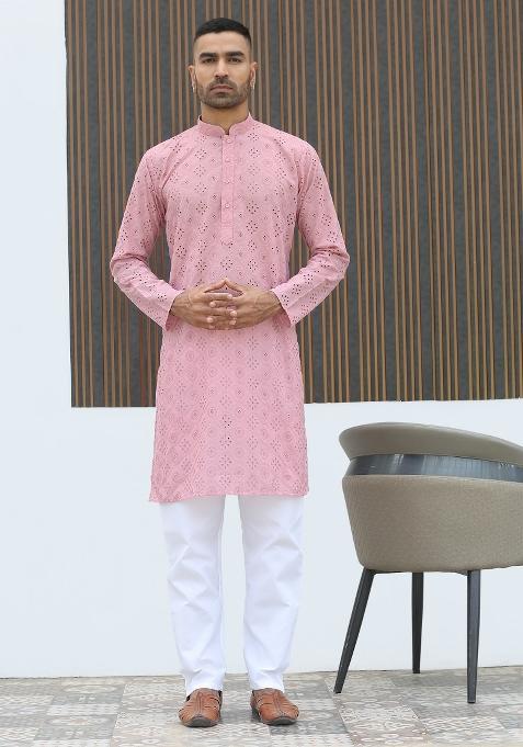 Pink Geometric Print Cotton Kurta For Men