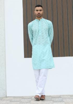 Sky Blue Geometric Print Cotton Kurta For Men