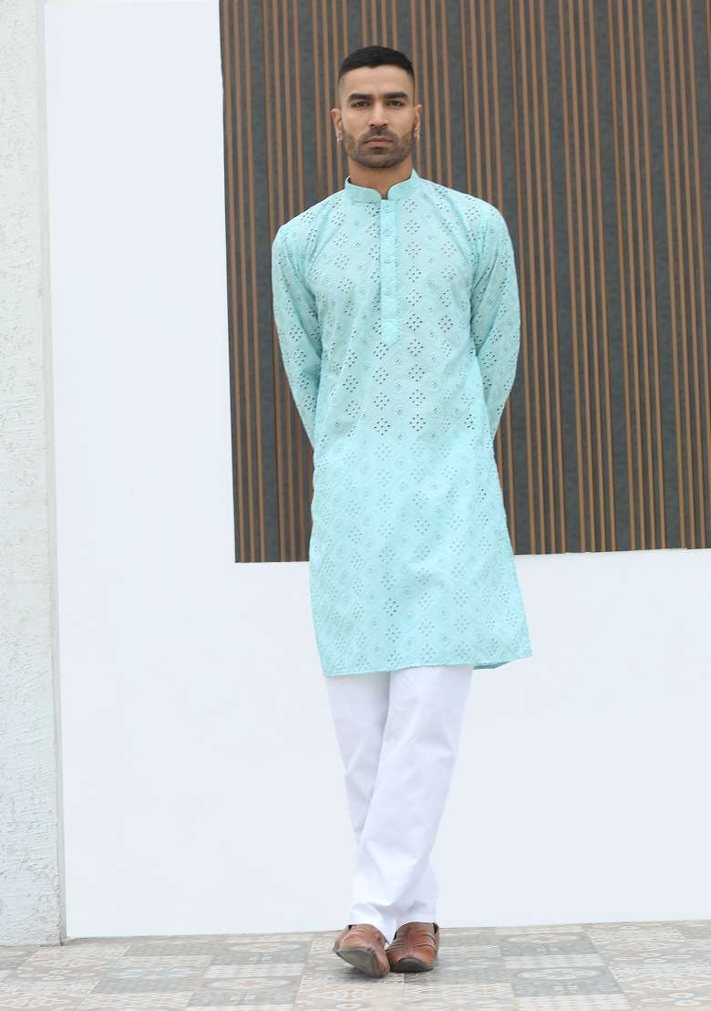 Sky Blue Geometric Print Cotton Kurta For Men - Indya