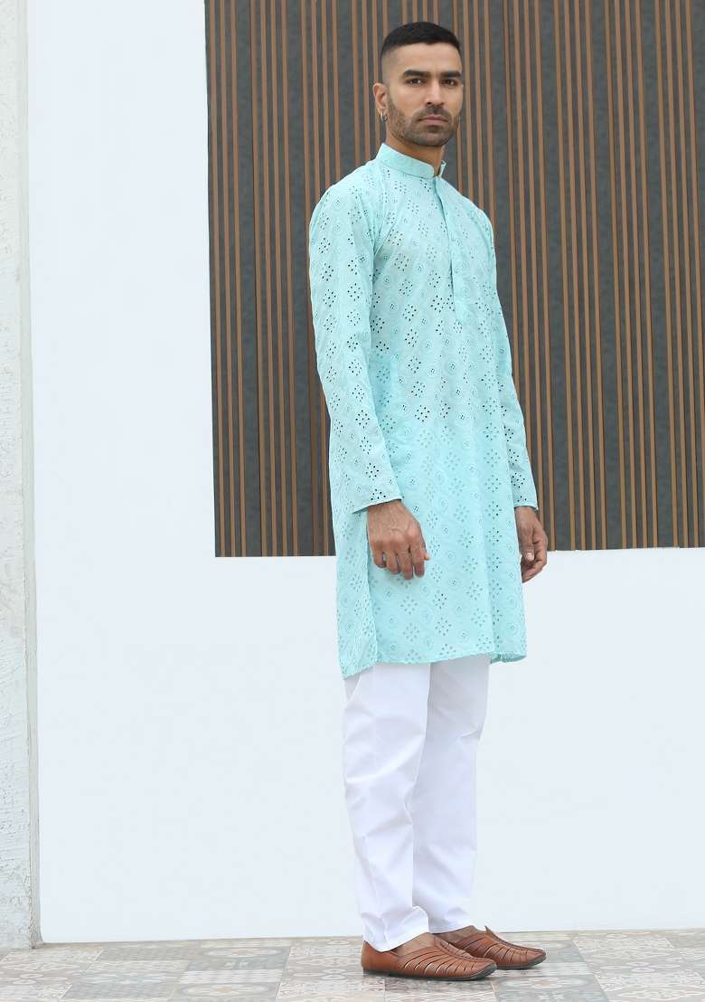 Sky Blue Geometric Print Cotton Kurta For Men - Indya