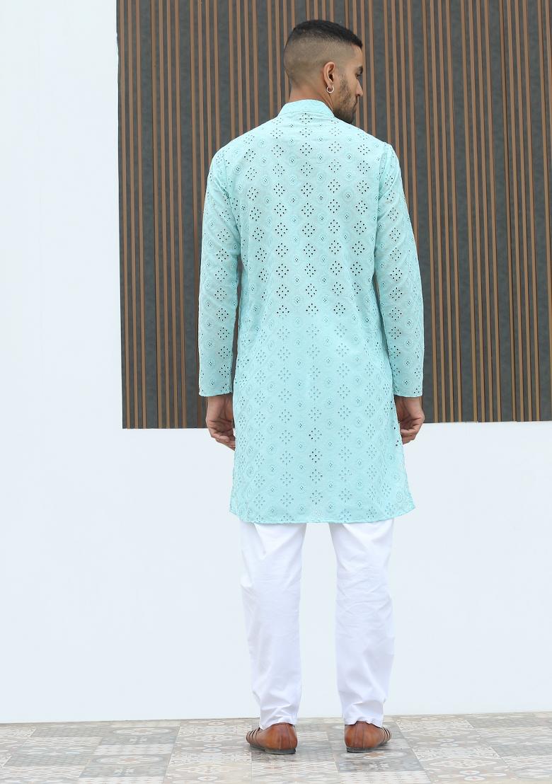 Sky Blue Geometric Print Cotton Kurta For Men - Indya