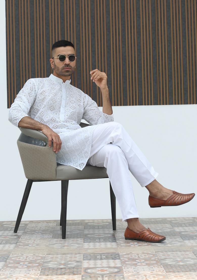 White Geometric Print Cotton Kurta For Men - Indya
