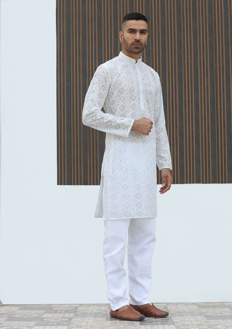 White Geometric Print Cotton Kurta For Men - Indya