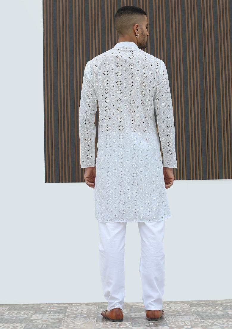 White Geometric Print Cotton Kurta For Men - Indya