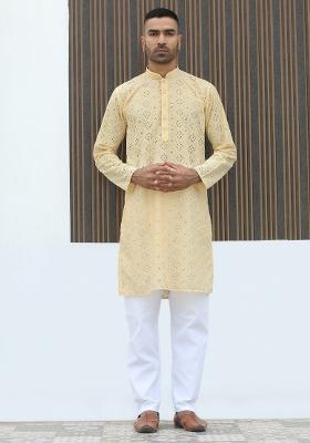 Yellow Geometric Print Cotton Kurta For Men
