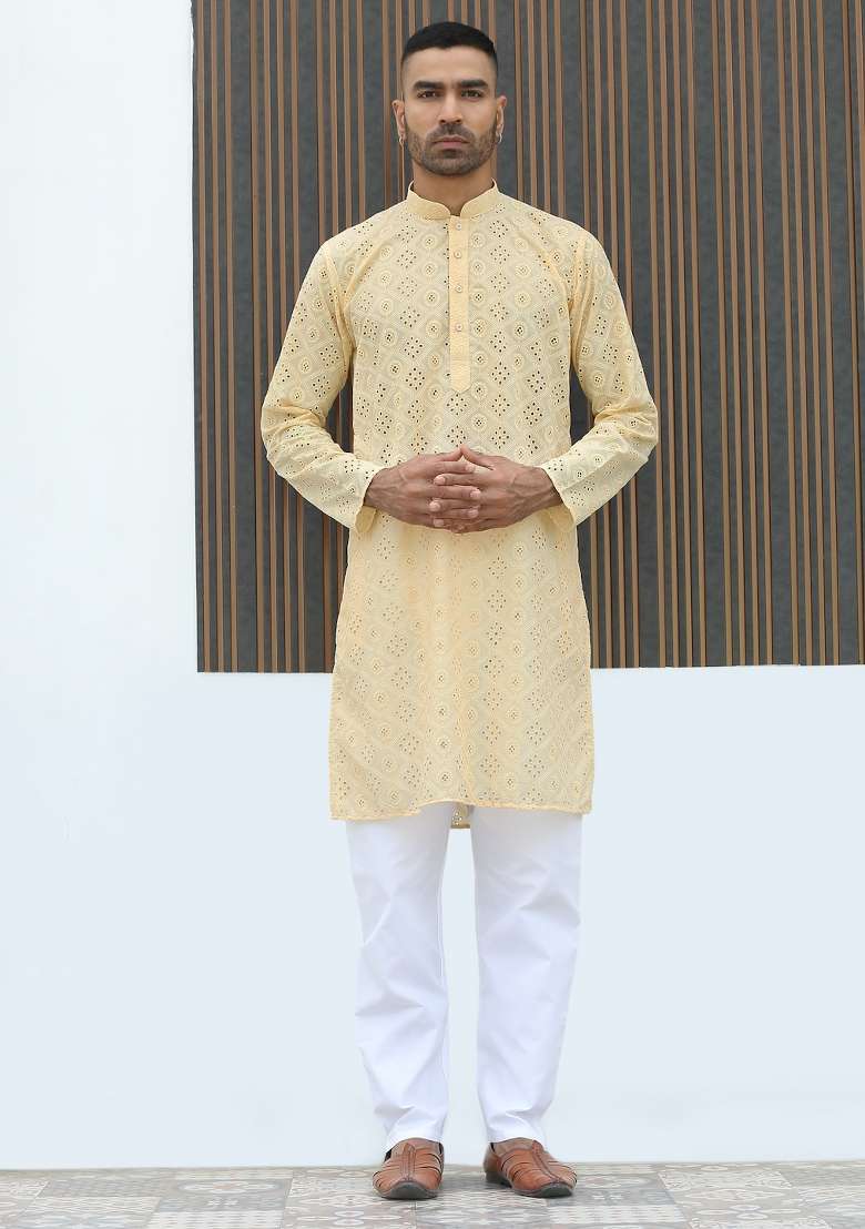 Yellow Geometric Print Cotton Kurta For Men - Indya