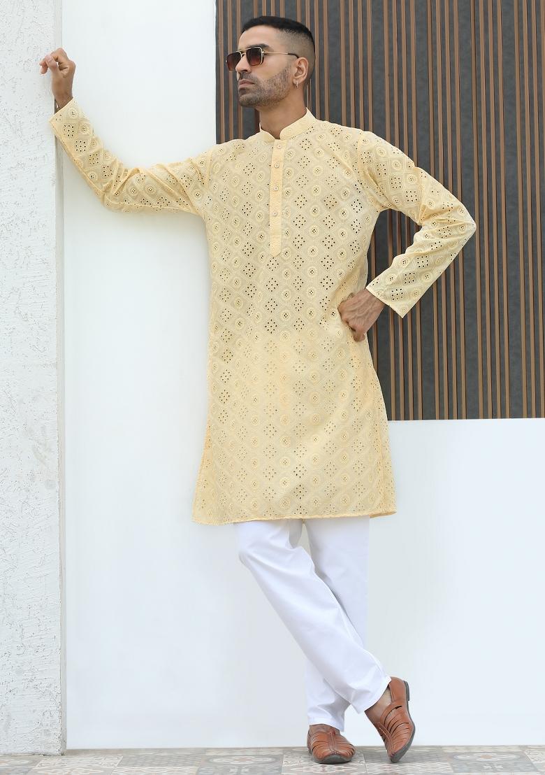 Yellow Geometric Print Cotton Kurta For Men - Indya