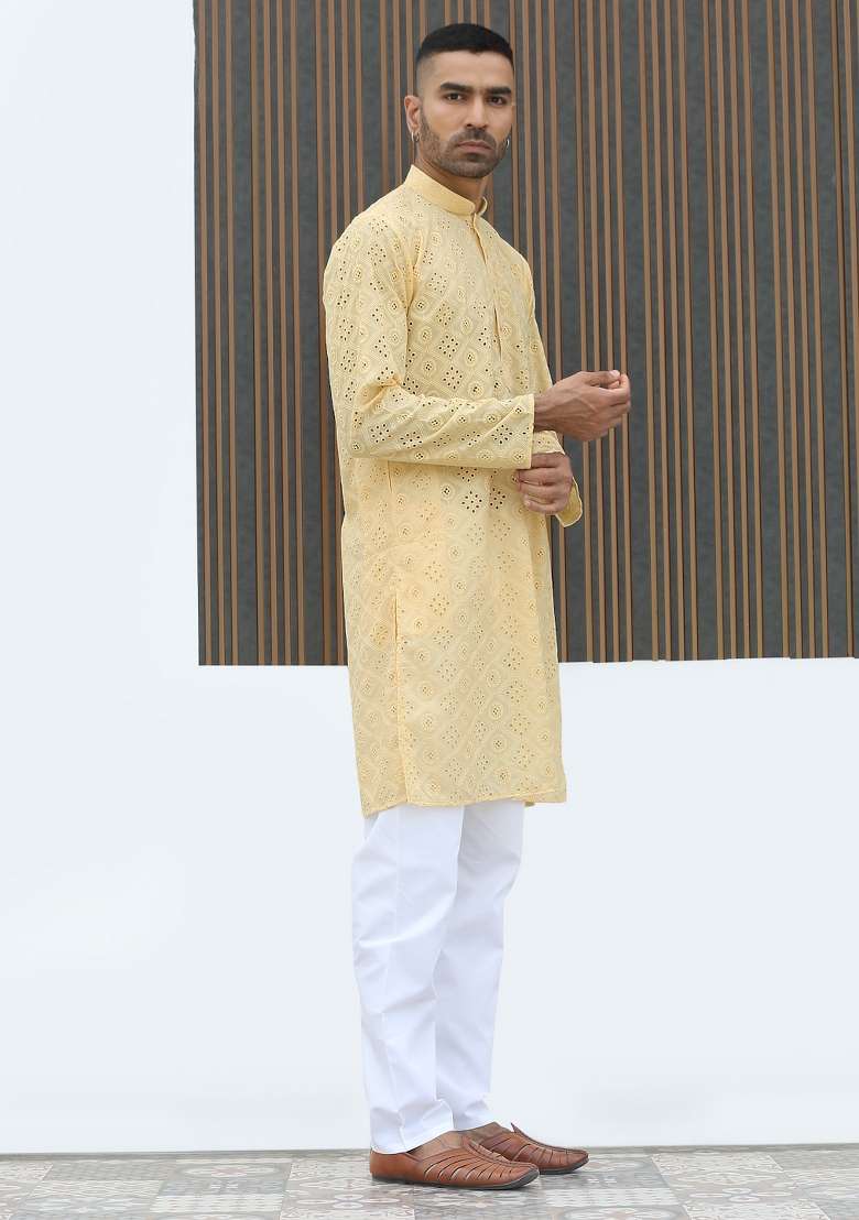 Yellow Geometric Print Cotton Kurta For Men - Indya