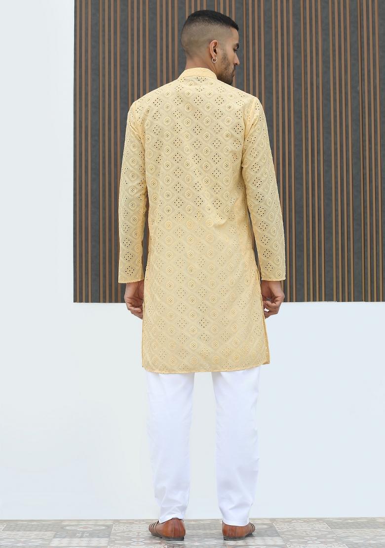Yellow Geometric Print Cotton Kurta For Men - Indya