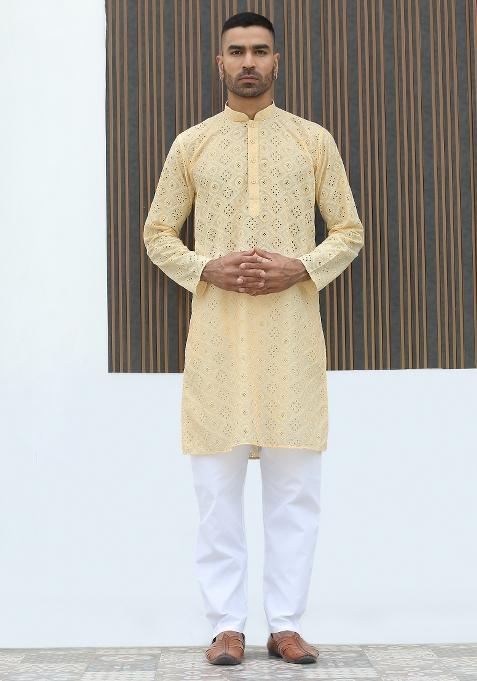 Yellow Geometric Print Cotton Kurta For Men