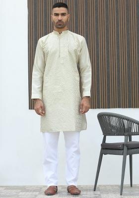 Cream Geometric Print Silk Kurta For Men