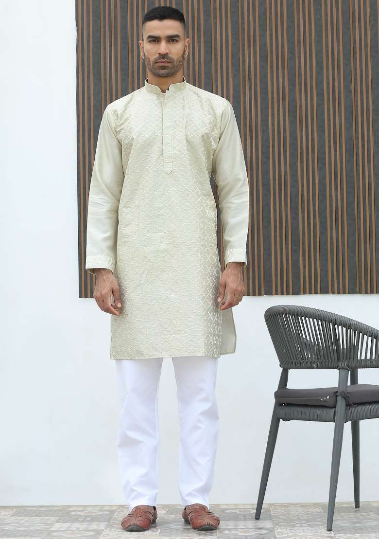 Cream Geometric Print Silk Kurta For Men - Indya