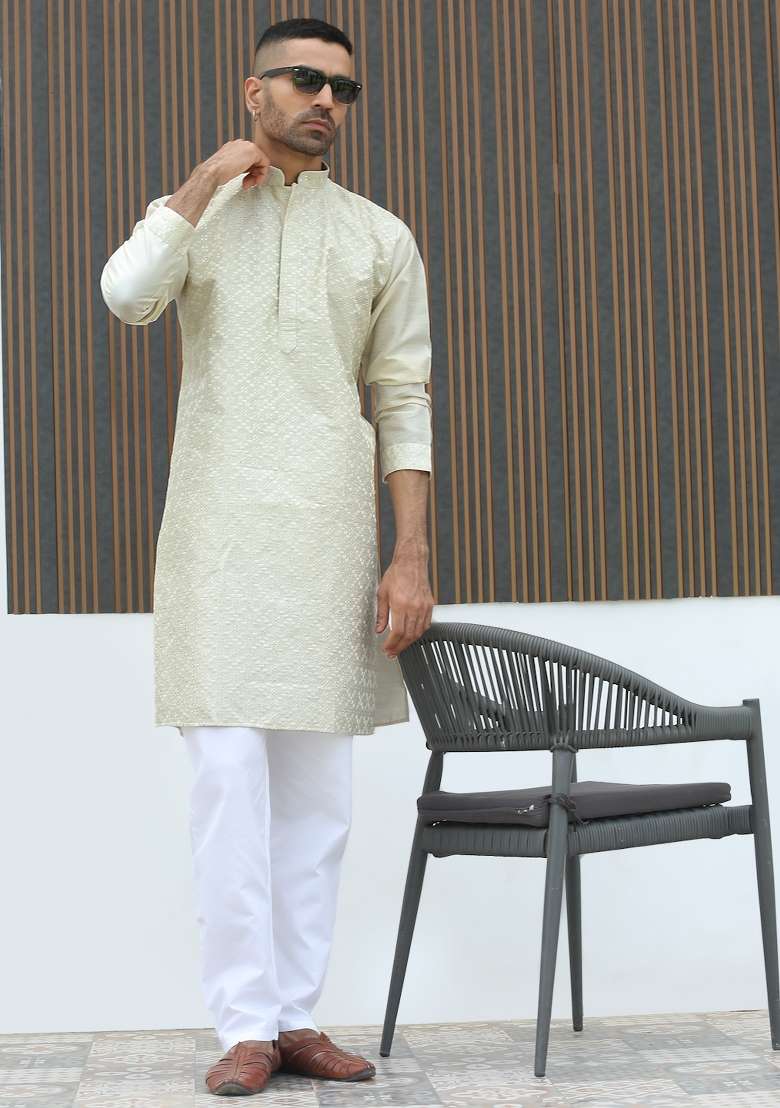 Cream Geometric Print Silk Kurta For Men - Indya