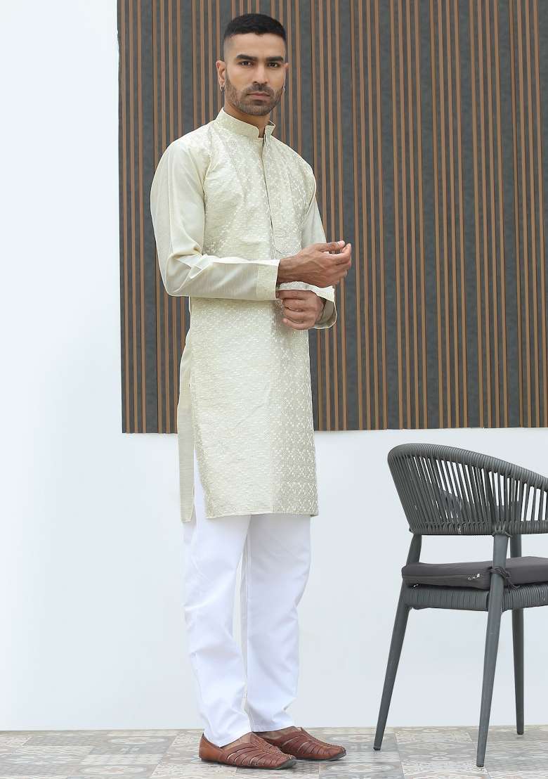 Cream Geometric Print Silk Kurta For Men - Indya