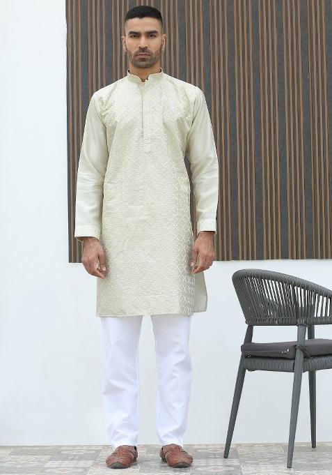 Cream Geometric Print Silk Kurta For Men