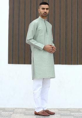 Green Geometric Print Silk Kurta For Men