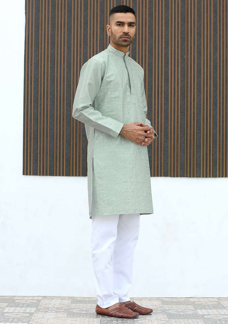 Green Geometric Print Silk Kurta For Men - Indya