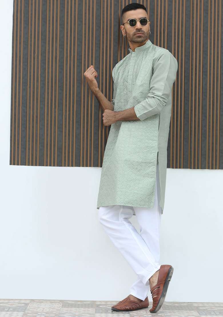 Green Geometric Print Silk Kurta For Men - Indya