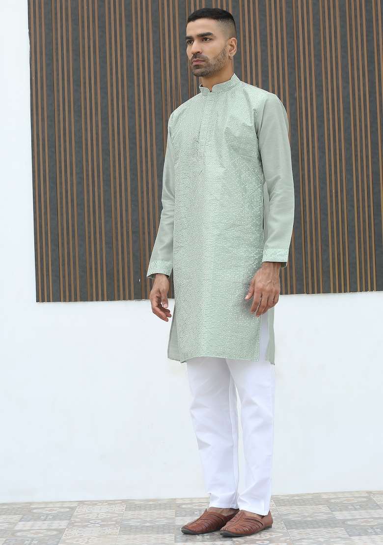 Green Geometric Print Silk Kurta For Men - Indya