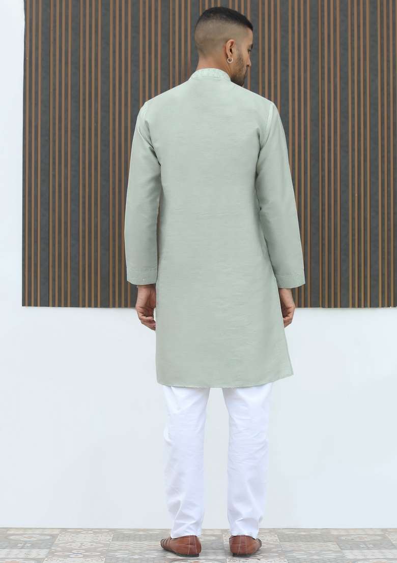 Green Geometric Print Silk Kurta For Men - Indya