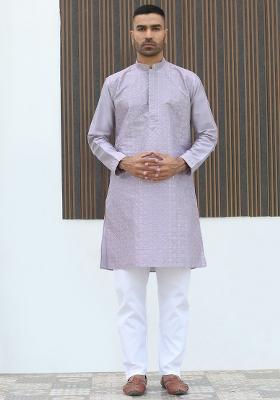 Mauve Geometric Print Silk Kurta For Men