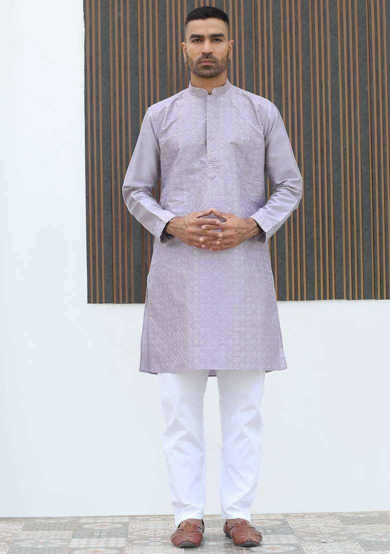Mauve Geometric Print Silk Kurta For Men - Indya