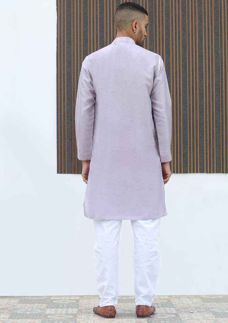 Mauve Geometric Print Silk Kurta For Men - Indya