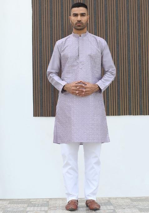 Mauve Geometric Print Silk Kurta For Men