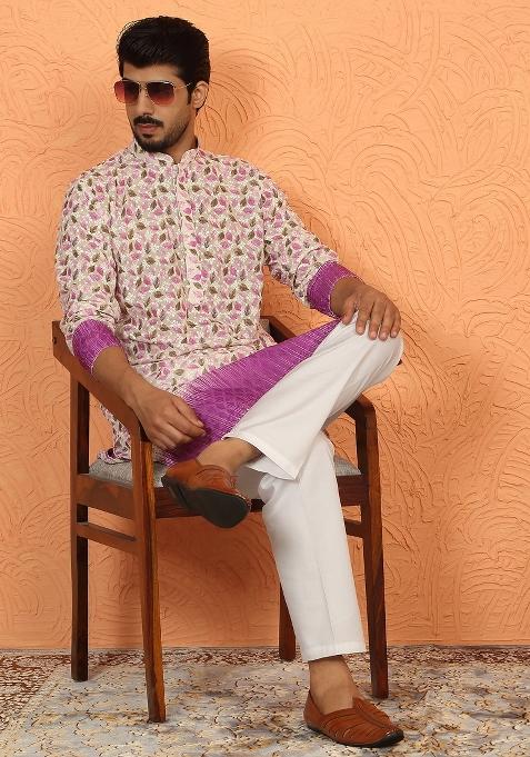 Purple Floral Print Cotton Kurta For Men