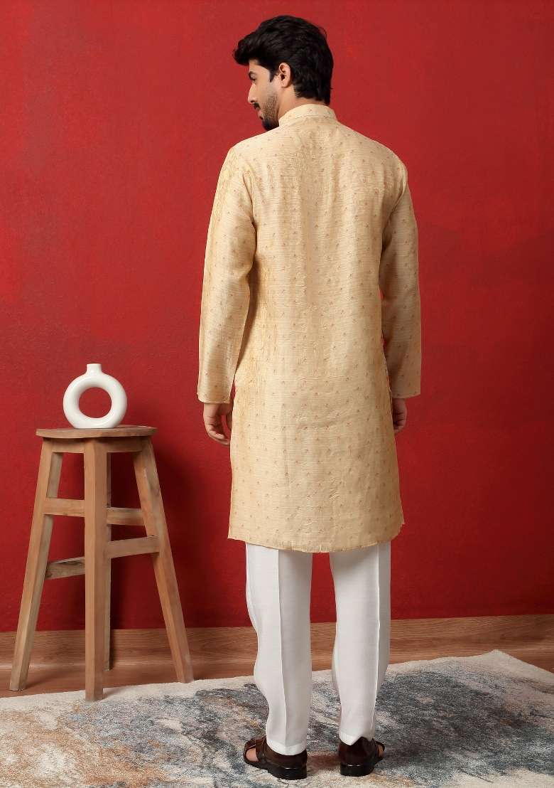 Beige Printed Silk Blend Kurta For Men - Indya