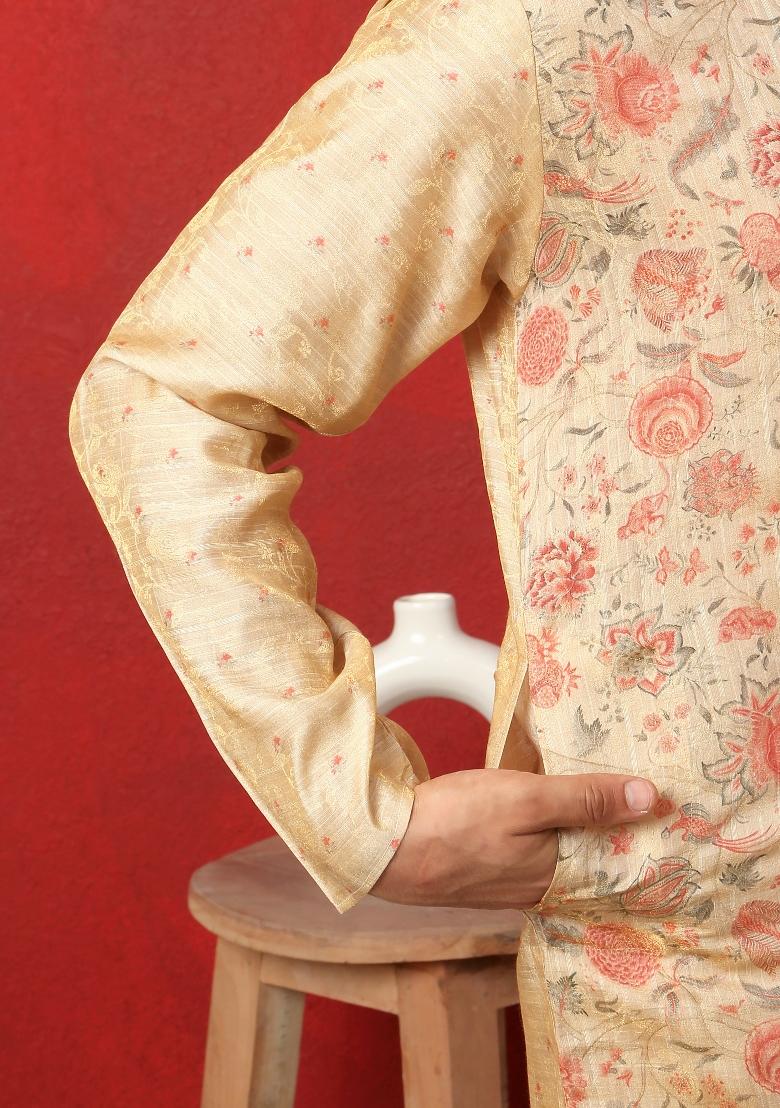 Beige Printed Silk Blend Kurta For Men - Indya