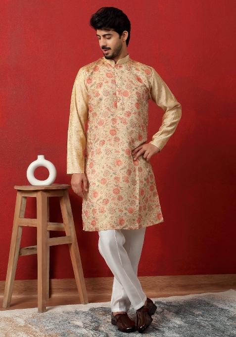 Beige Printed Silk Kurta For Men